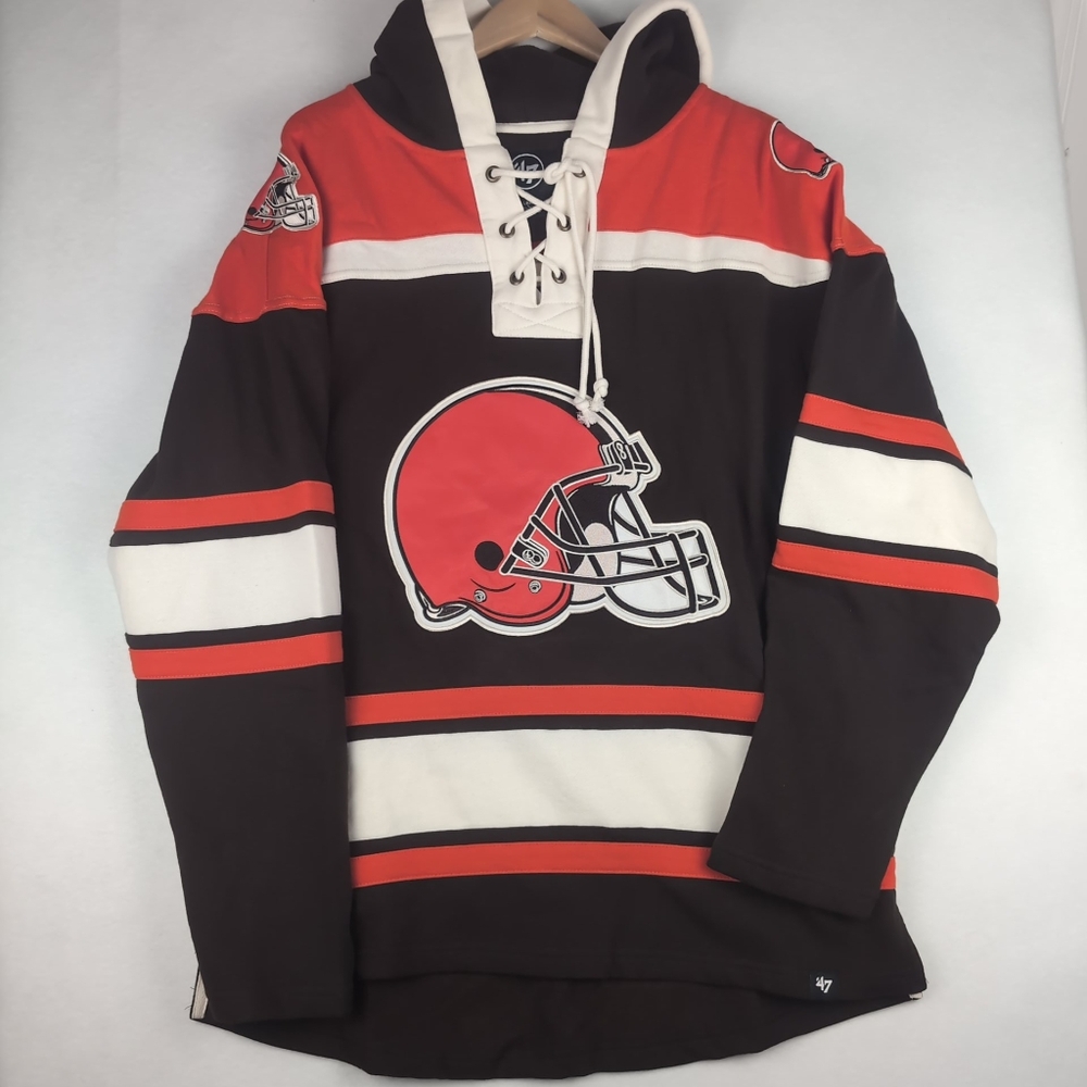 New 47’ CLEVELAND BROWNS HOCKEY HOODIE JERSEY NFL FOOTBALL MENS LARGE $135